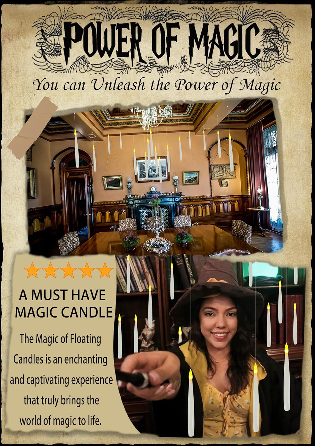 Floating Candles with Wand, Halloween Decoration 12 PCs Magic Hanging Candles, Flickering Warm Light Flameless Floating LED Candle with Wand Remote, Battery Operated Taper Candle Set for Theme Party