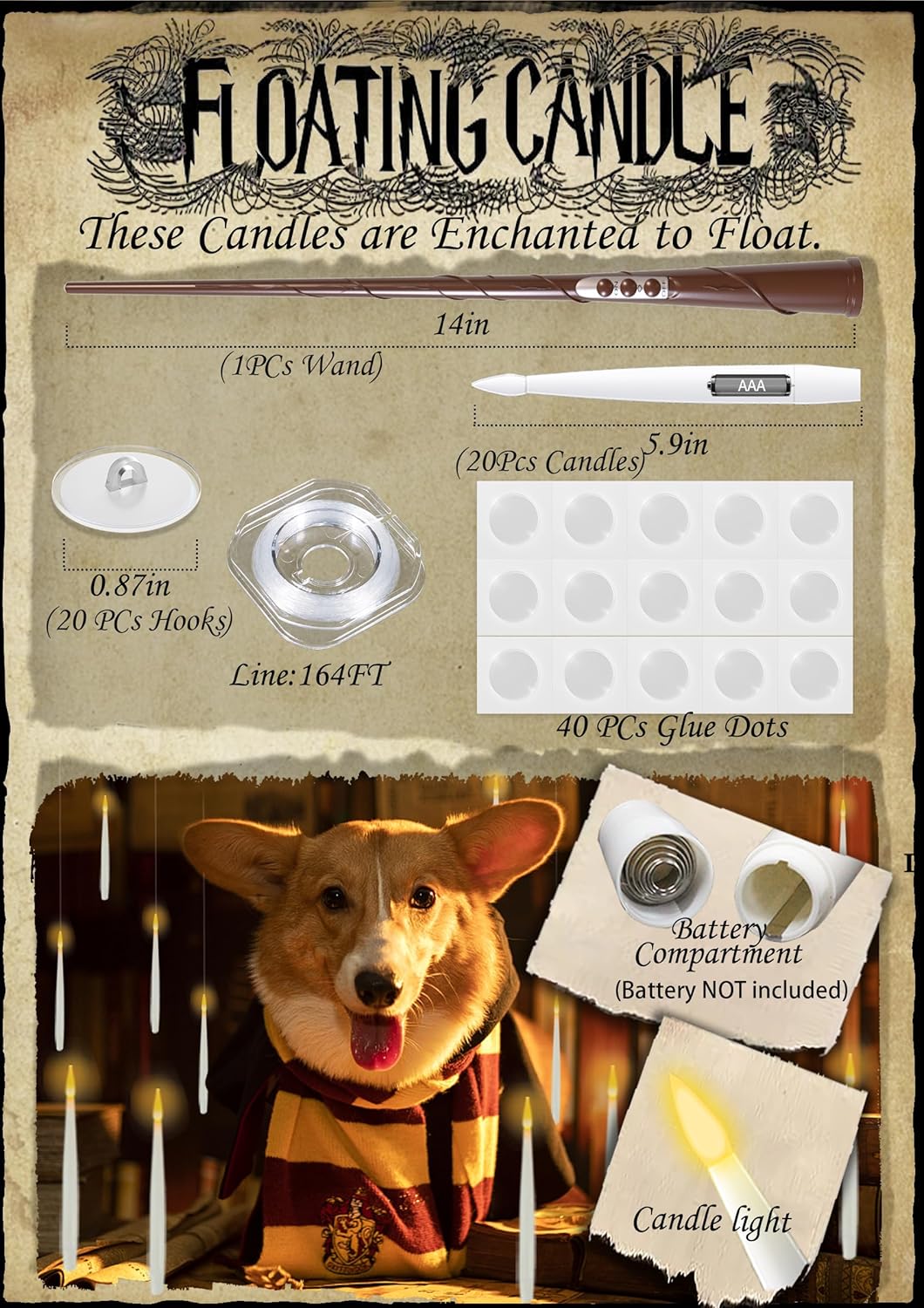 Floating Candles with Wand, Halloween Decoration 12 PCs Magic Hanging Candles, Flickering Warm Light Flameless Floating LED Candle with Wand Remote, Battery Operated Taper Candle Set for Theme Party