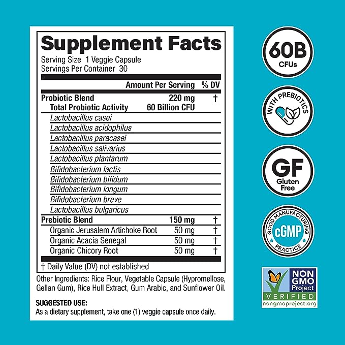 Probiotics 60 Billion CFU - 10 Strains + Organic Prebiotics - Immune, Digestive & Gut Health - Supports Occasional Constipation, Diarrhea, Gas & Bloating