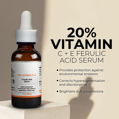 20% Vitamin C Serum for Face with Vitamin E Plus Ferulic Acid Skincare Serum 1 fl oz 30 ML Rejuvenates Skin to Fresh & Neutralizes Free Radicals to Brighten Even Vitamin Serum