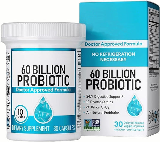 Probiotics 60 Billion CFU - 10 Strains + Organic Prebiotics - Immune, Digestive & Gut Health - Supports Occasional Constipation, Diarrhea, Gas & Bloating