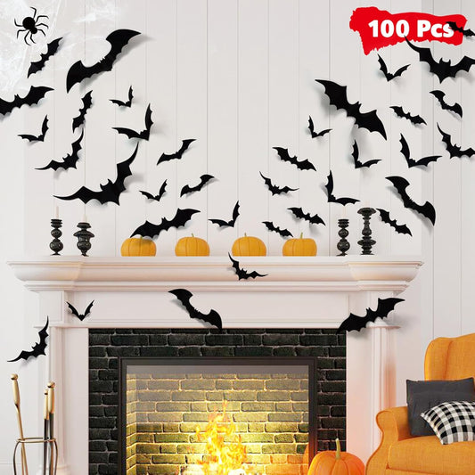 Bats Halloween Decorations: Halloween Bats Wall Decor 100pcs Bats Wall Decals PVC 3D Wall Bats Scary Stickers Halloween Party Decorations Indoor Outdoor DIY Home Window Door Halloween Decor