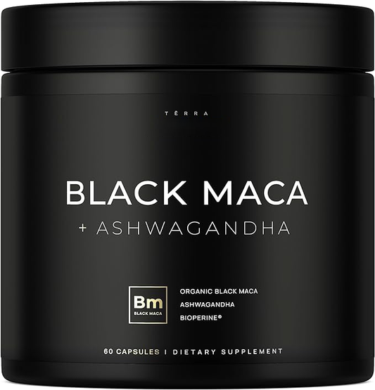 Organic Black Maca Root with Ashwagandha - Highest Potency Black Maca Root Capsules for Men - 100% Pure Maca Peruana Powder Organic, Gelatinized, Non-GMO