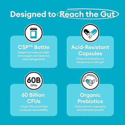 Probiotics 60 Billion CFU - 10 Strains + Organic Prebiotics - Immune, Digestive & Gut Health - Supports Occasional Constipation, Diarrhea, Gas & Bloating